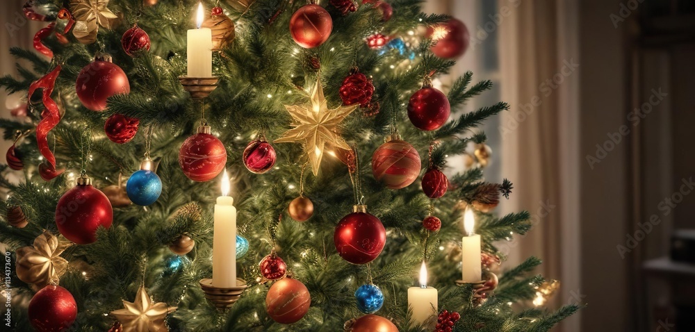 Twinkling candlelight on a decorated Christmas tree with ornaments and garlands, snowflakes, decorated christmas tree Twinkling candlelight on a decorated Christmas tree with ornaments and garlands, snowflakes, decorated christmas tree