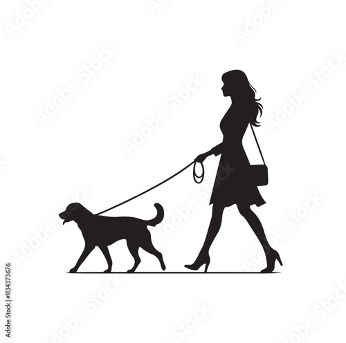 a girl walking her dog silhouette vector illustration