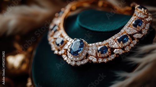 An exquisite gemstone necklace displayed formally under accent lighting exudes luxury and sophistication, highlighting the artistry in jewelry design. photo