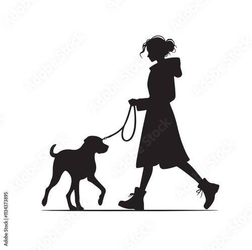 a girl walking her dog silhouette vector illustration