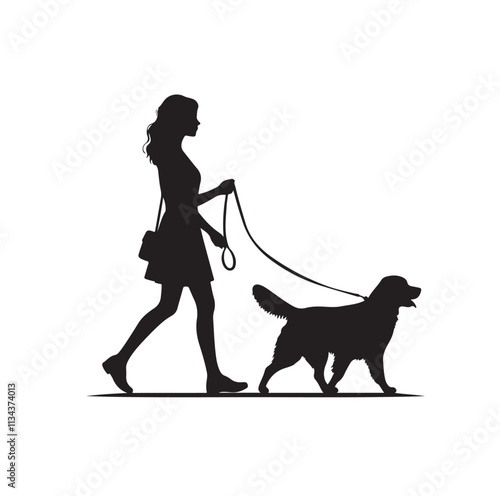 a girl walking her dog silhouette vector illustration