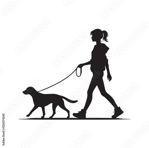a girl walking her dog silhouette vector illustration