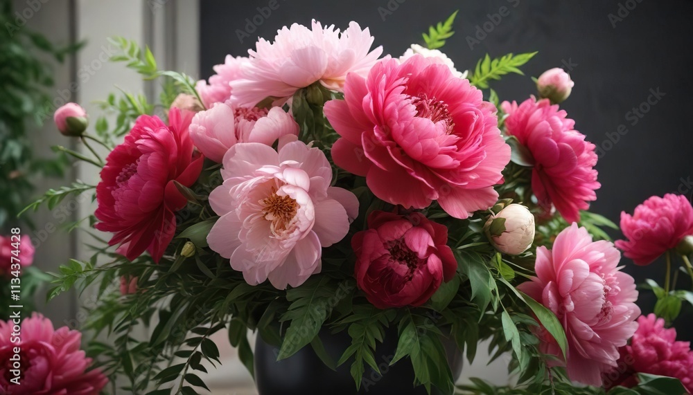 Red and pink peonies in a lush floral arrangement , bouquet, peonies Red and pink peonies in a lush floral arrangement , bouquet, peonies