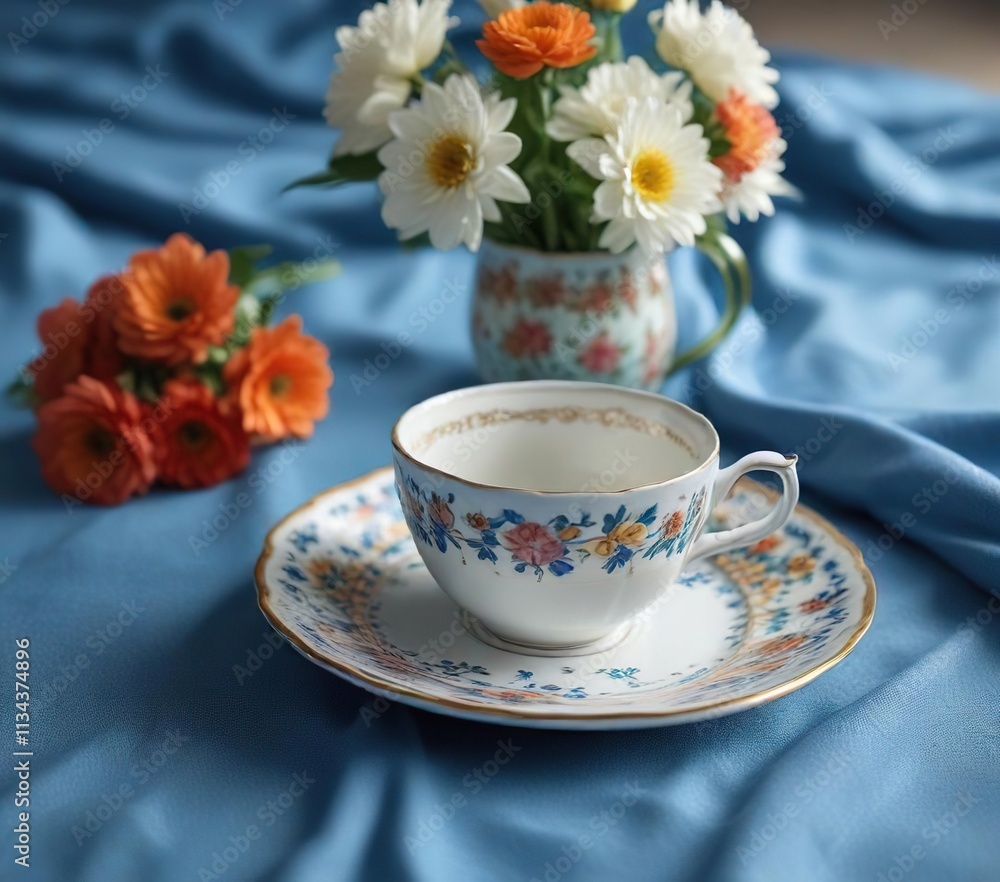Teacup and saucer on a blue cloth-covered table with a small vase on the side, centerpiece, decorative item, sophisticated Teacup and saucer on a blue cloth-covered table with a small vase on the side, centerpiece, decorative item, sophisticated