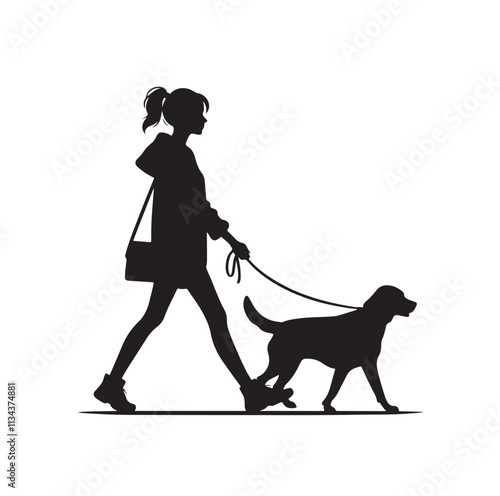 a girl walking her dog silhouette vector illustration