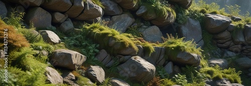 Rough-hewn stone surface with moss and ferns growing on it , terrain, moss, rocky photo