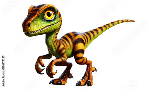 A vibrant cartoon raptor with green and orange scales, bold stripes, and a curious expression.