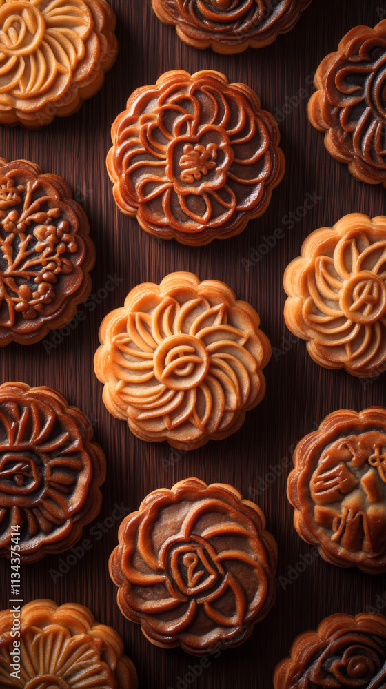 Delicious mooncakes with intricate floral designs arranged beautifully. These traditional pastries are often enjoyed during festive celebrations, symbolizing unity and harmony Delicious mooncakes with intricate floral designs arranged beautifully. These traditional pastries are often enjoyed during festive celebrations, symbolizing unity and harmony