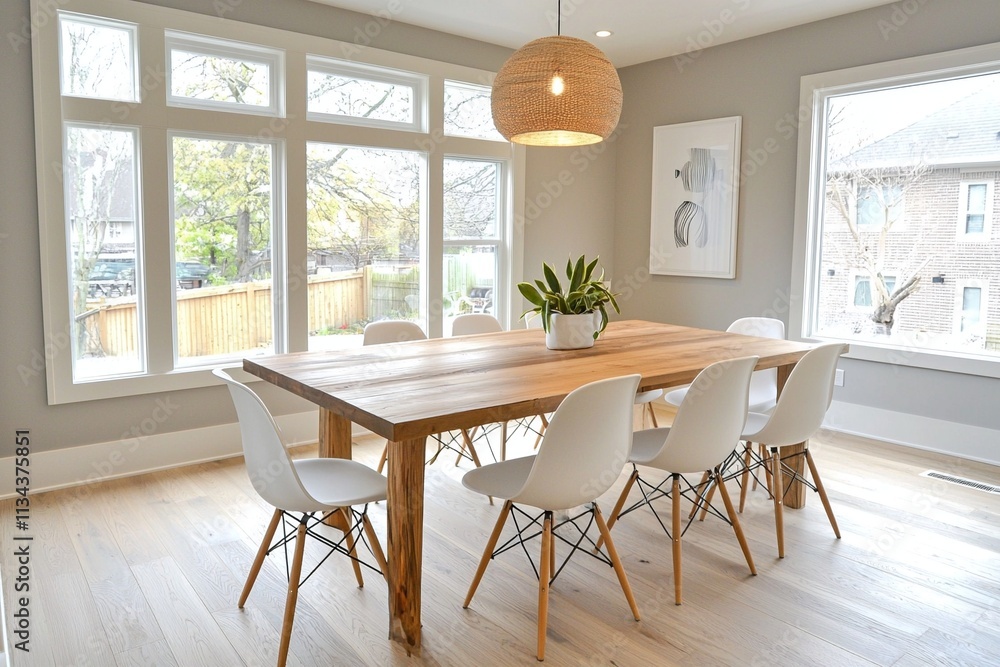 Fototapeta premium A Scandinavian interior design dining room with minimalist, neutral color palette dining table and interior finish. Generative AI 
