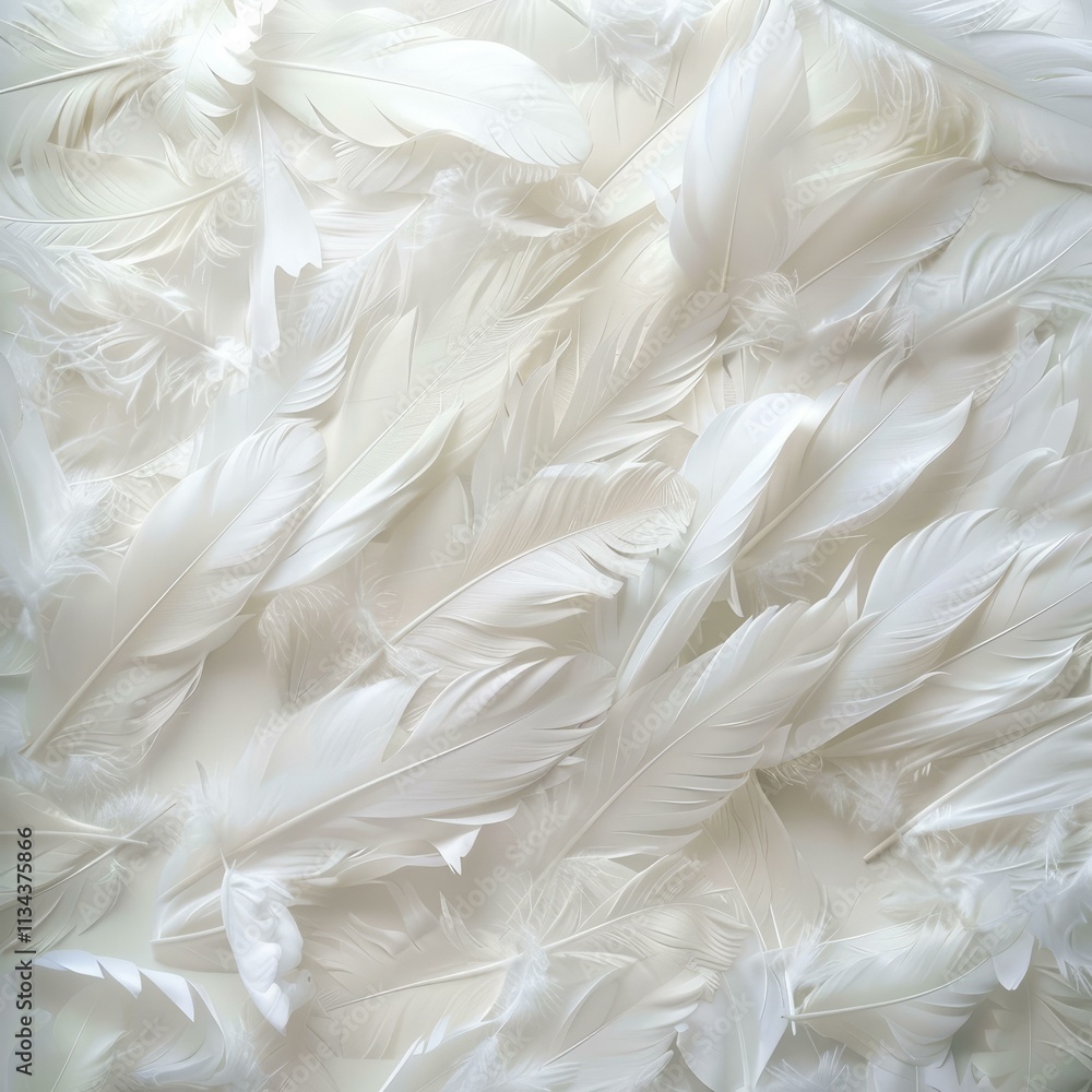 Fototapeta premium Numerous delicate white feathers create a soft, elegant texture, perfect for backgrounds and design projects