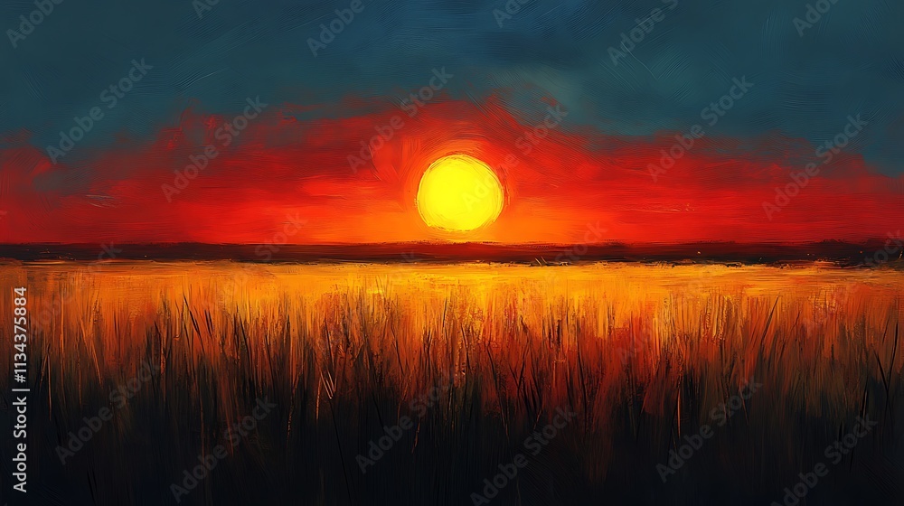 Fototapeta premium Fiery Sunset Over Golden Grassland Landscape