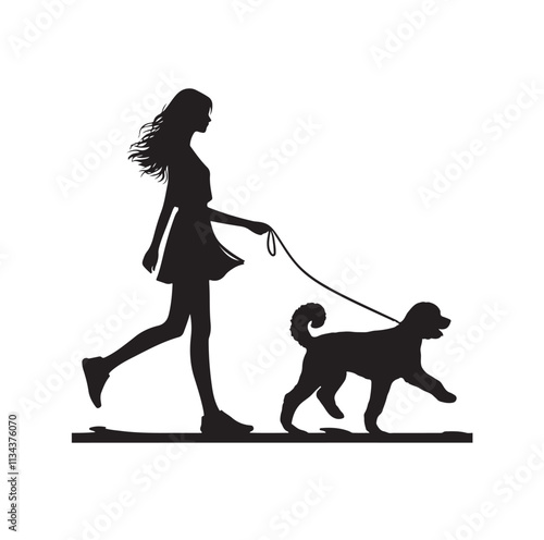 a girl walking her dog silhouette vector illustration