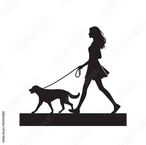 a girl walking her dog silhouette vector illustration