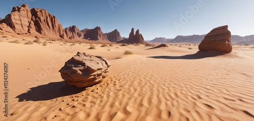 The sandy dunes are dotted with strange and twisted rock formations in a hot and barren desert landscape, formation, sand, natural