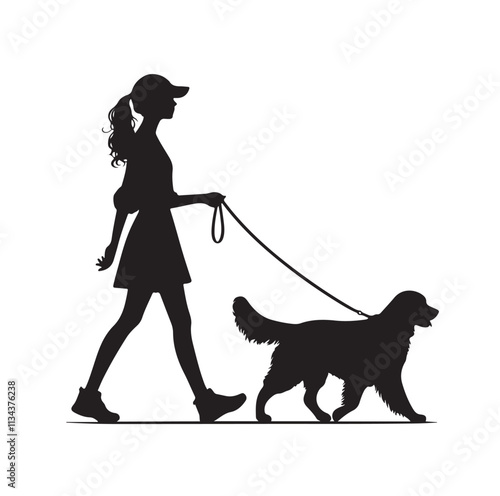 a girl walking her dog silhouette vector illustration