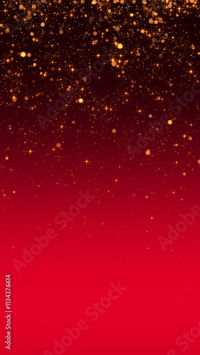 christmas red and luxury gold background with golden glitter shiny stars and bokeh lights and particles falling, holiday christmas new year vertical social media background