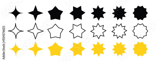 Set of different star icons. Golden stars in plasticine style and black polygonal silhouettes. Design elements for app or web. Cartoon flat vector illustration.