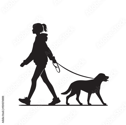 a girl walking her dog silhouette vector illustration