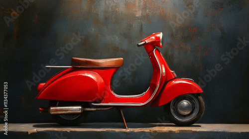 A red scooter parked in front of a rustic stone building with a wooden door A red scooter parked beside a wall, Generative Ai
