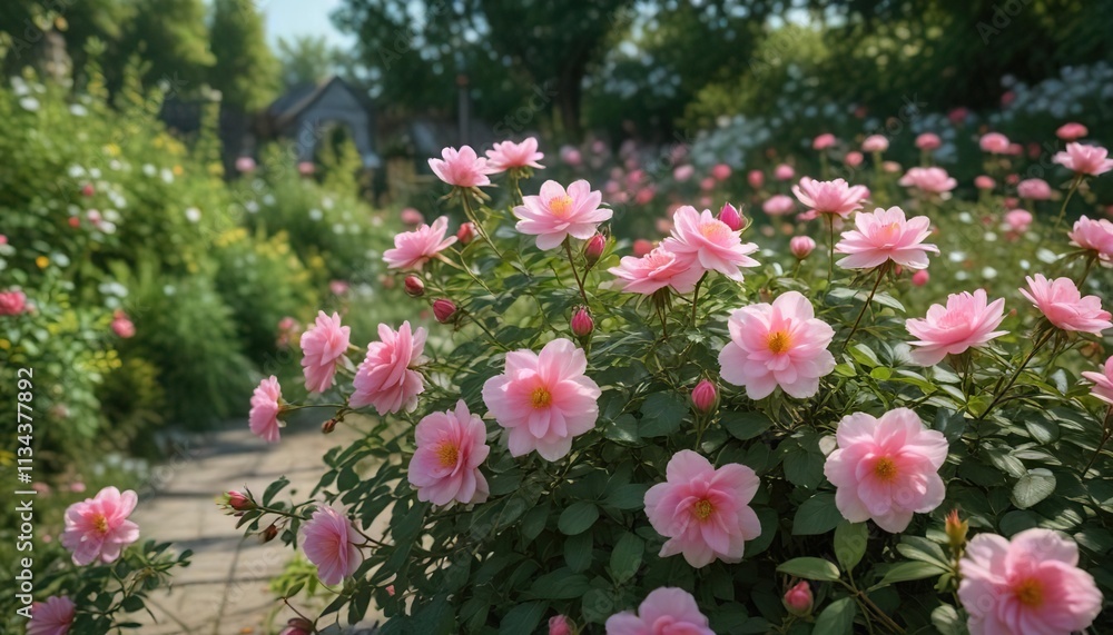 Fototapeta premium Blooming wild roses and flowers in a summer green garden, garden, wild roses
