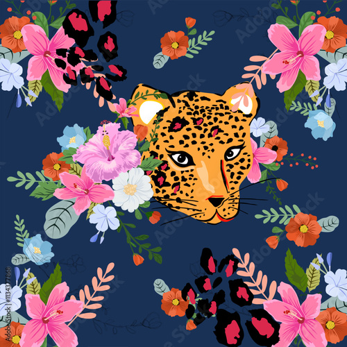 pattern with tiger and flowers, Seamless pattern, colorful floral background and beautiful yellow tiger face.
Stylish vector drawing Ideal for wall decorations or textile design prints, shawls, dresse