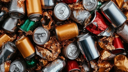 A chaotic collection of crushed beverage cans in varying colors such as gold, silver, and red, creating a vibrant and dynamic display of recycling and waste. photo