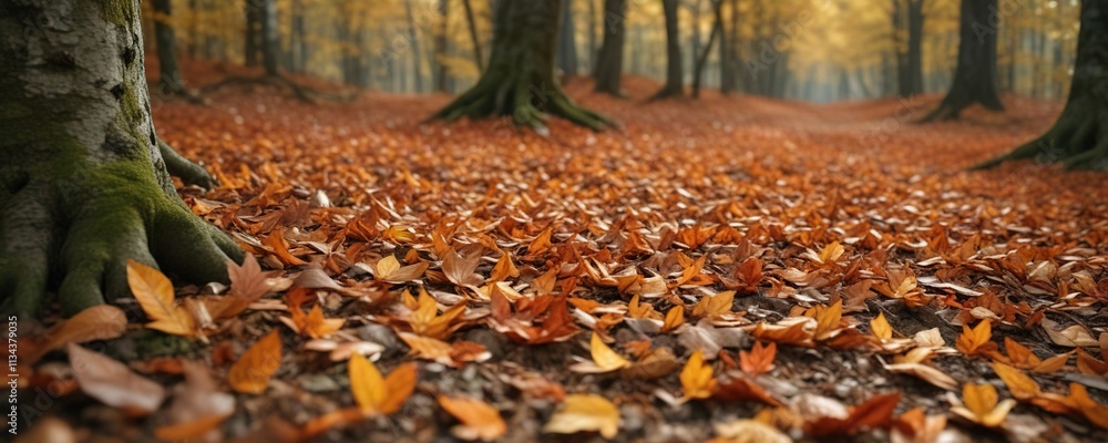 Bech Fagus salvetica leaves scattered on the forest floor, fall colors, woodland scene Bech Fagus salvetica leaves scattered on the forest floor, fall colors, woodland scene