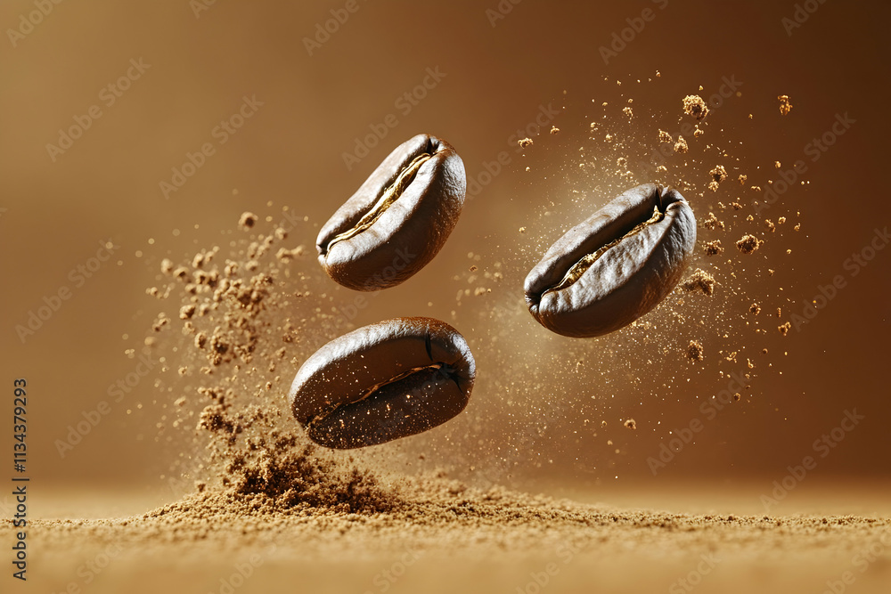 Three roasted coffee beans levitate above ground coffee, with coffee dust in motion. Three roasted coffee beans levitate above ground coffee, with coffee dust in motion.