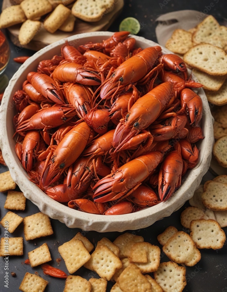 Large boiled crawfish served with bread and crackers, boil, seafood, summertime food Large boiled crawfish served with bread and crackers, boil, seafood, summertime food