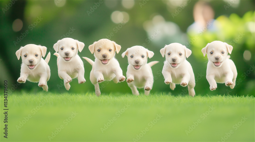 Fototapeta premium Six adorable puppies running together across a vibrant green field, full of energy and joy. Perfect for pet lovers and energetic animal-themed visuals.