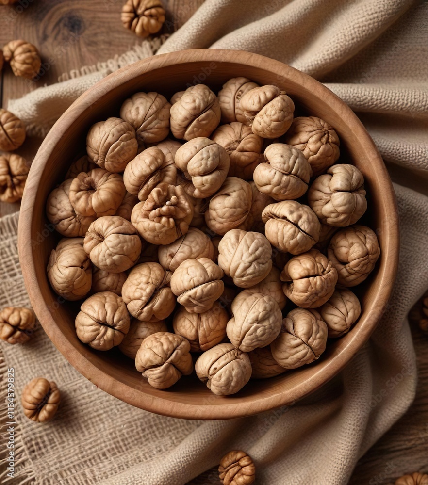 Unshelled and shelled walnuts arranged in a wooden bowl on a woven placemat, placemat, earthy Unshelled and shelled walnuts arranged in a wooden bowl on a woven placemat, placemat, earthy