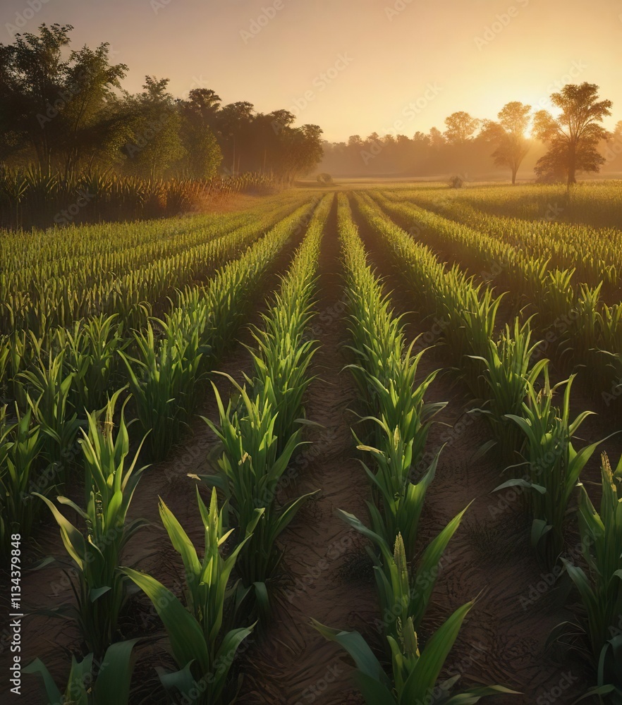 Obraz premium Warm tones and long shadows on a lush corn landscape at dusk , atmosphere, long shadows, ambiance
