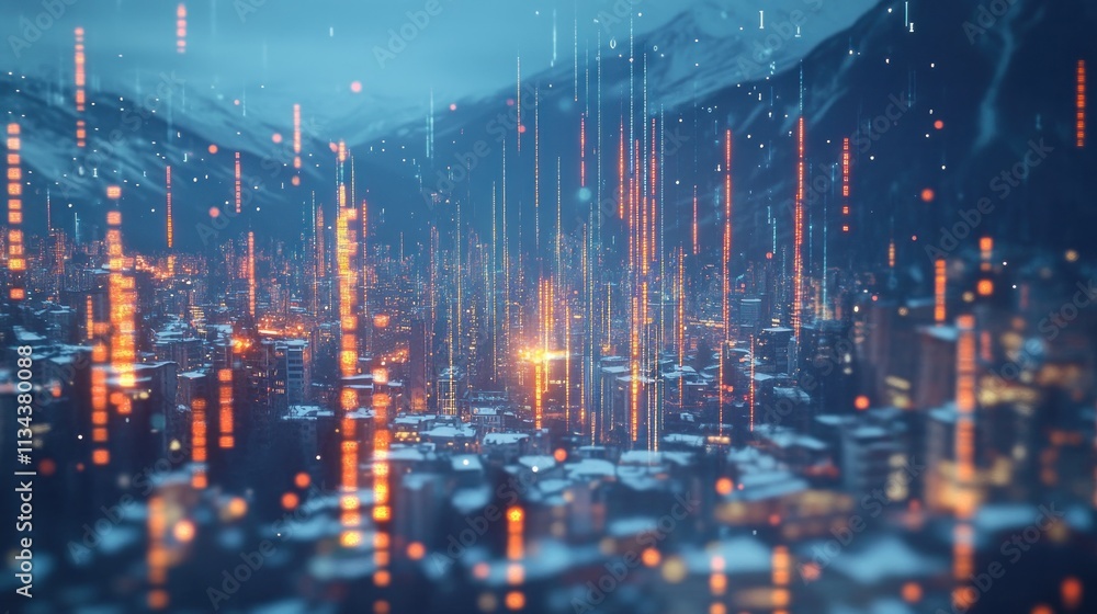 Night Cityscape Illuminated with Digital Data Streams Night Cityscape Illuminated with Digital Data Streams