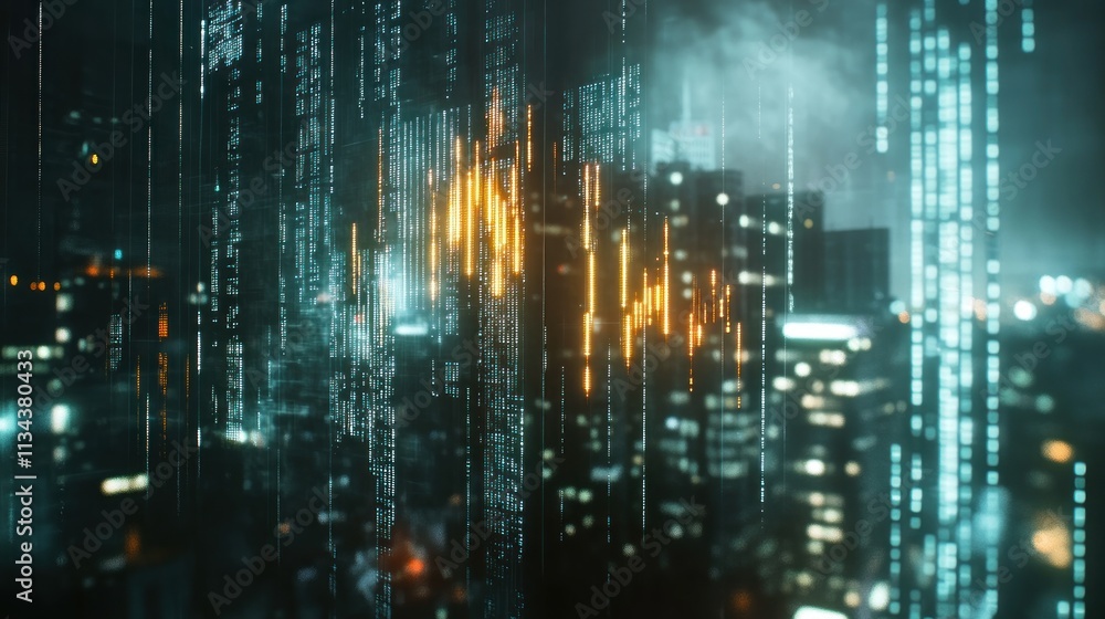 Futuristic Cityscape Night Lights Data Streams Flowing Futuristic Cityscape Night Lights Data Streams Flowing