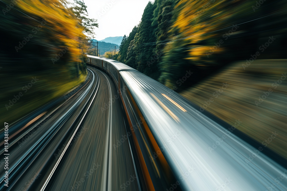 Motion blur of a odern train moving fast on the rail track through a mountainous forest, landscape photography 
