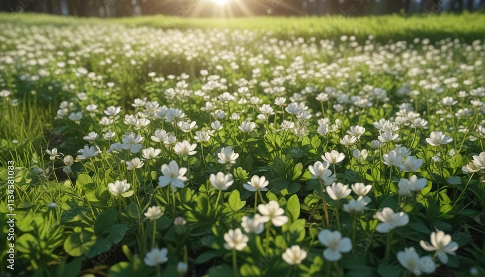 Sunlight illuminates a field of clovers with their translucent white blooms , serenity, tranquil Sunlight illuminates a field of clovers with their translucent white blooms , serenity, tranquil