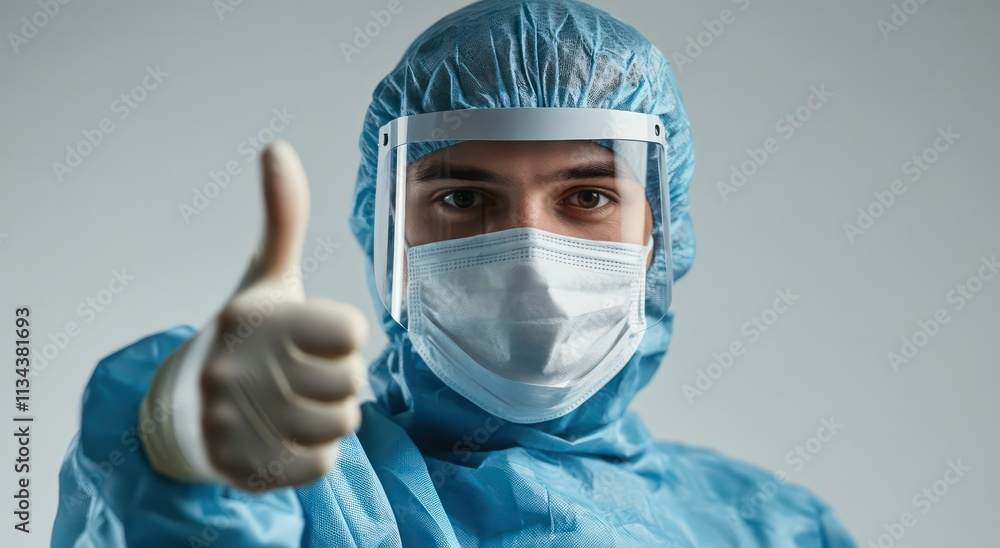 A healthcare worker in protective gear giving a thumbs up, symbolizing positivity and safety. A healthcare worker in protective gear giving a thumbs up, symbolizing positivity and safety.