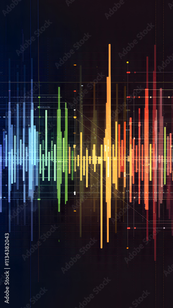 Abstract digital data visualization with colorful vertical bars and lines on a dark background, representing financial or statistical information. Abstract digital data visualization with colorful vertical bars and lines on a dark background, representing financial or statistical information.