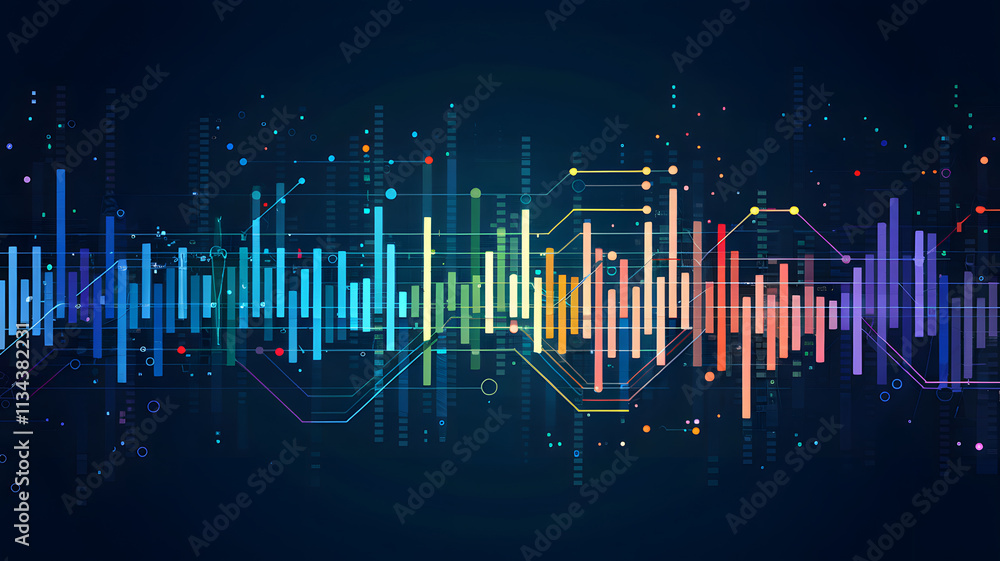 Abstract digital data visualization with colorful vertical bars and lines on a dark background, representing financial or statistical information. Abstract digital data visualization with colorful vertical bars and lines on a dark background, representing financial or statistical information.