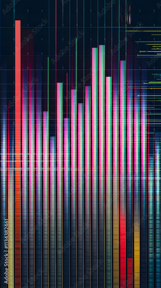 Abstract digital data visualization with colorful vertical bars and lines on a dark background, representing financial or statistical information. Abstract digital data visualization with colorful vertical bars and lines on a dark background, representing financial or statistical information.