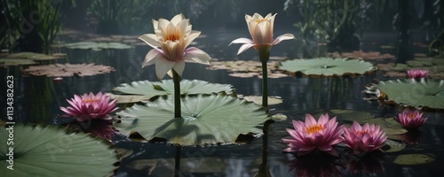 Blooming Titan arum flowers on top of water lily surface , spongy, environment photo