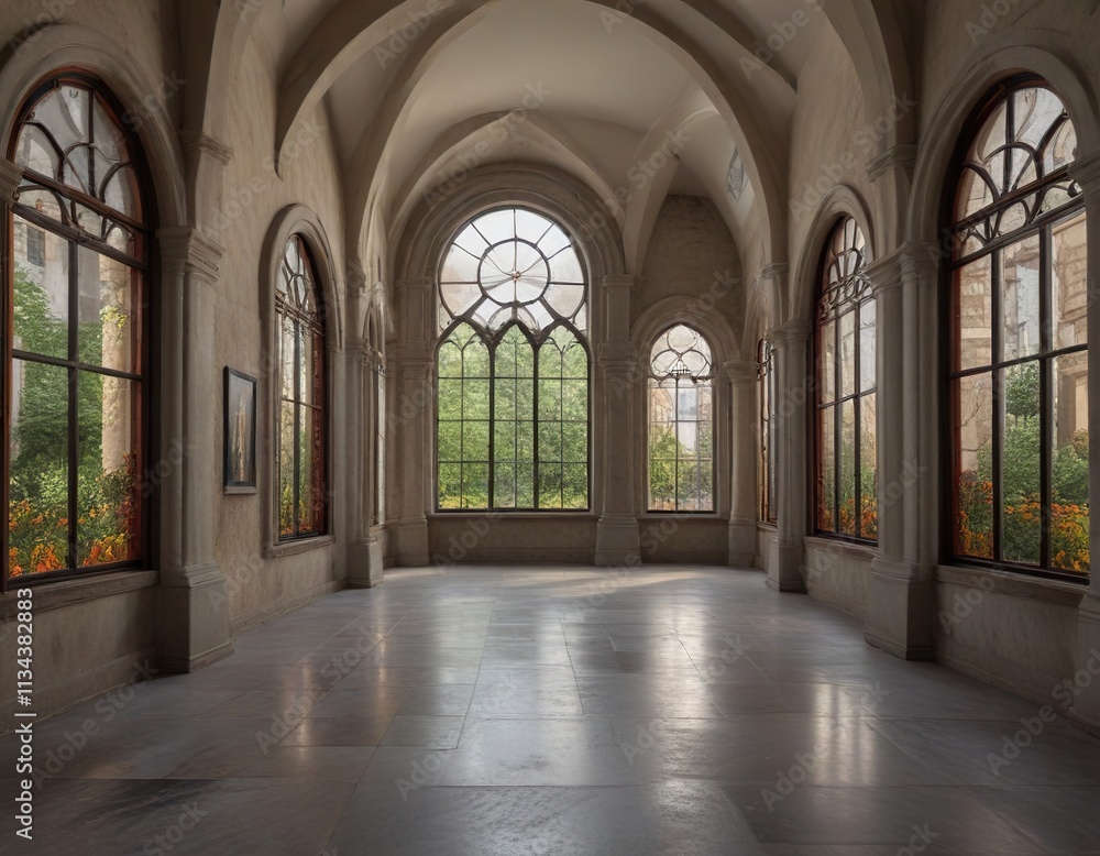 Obraz premium Narrow museum gallery with arched windows and stone floor, museum gallery, narrow hallway