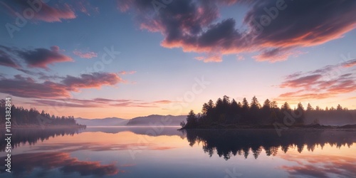 Majestic lake scene at dawn with soft blue sky and wispy clouds, water, ripples, serenity photo