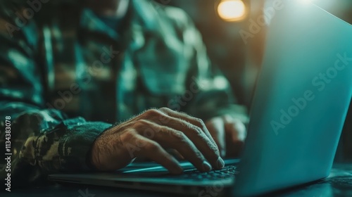 A person dressed in camouflage is typing on a laptop, illuminated by a dim light, suggesting focus and secrecy in a surveillance or military setting. photo