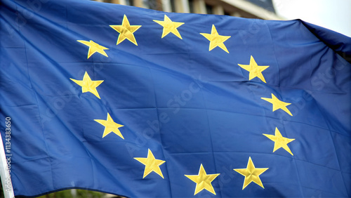 European Union flag outdoors, close-up photo