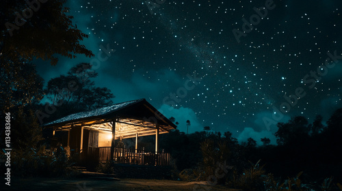 Night sky filled with stars above a serene wooden cabin in a lush landscape