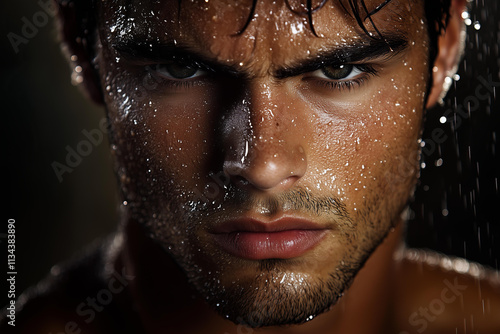 A close-up portrait of a handsome man’s face with wet hair and water droplets running down his skin. His jawline is sharp and defined, and his intense gaze looks directly at the camera.   photo