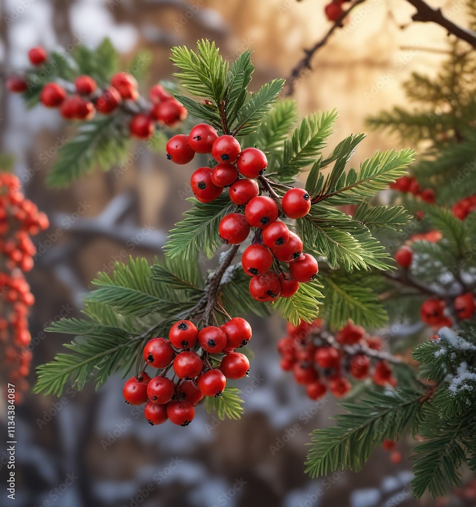 Obraz premium Evergreen branches with bright red berries against a warm winter background, snow, evergreen