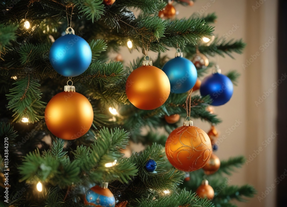 Orange and blue ornaments hung on a Christmas tree, hanging decorations, orange, Christmas tree Orange and blue ornaments hung on a Christmas tree, hanging decorations, orange, Christmas tree