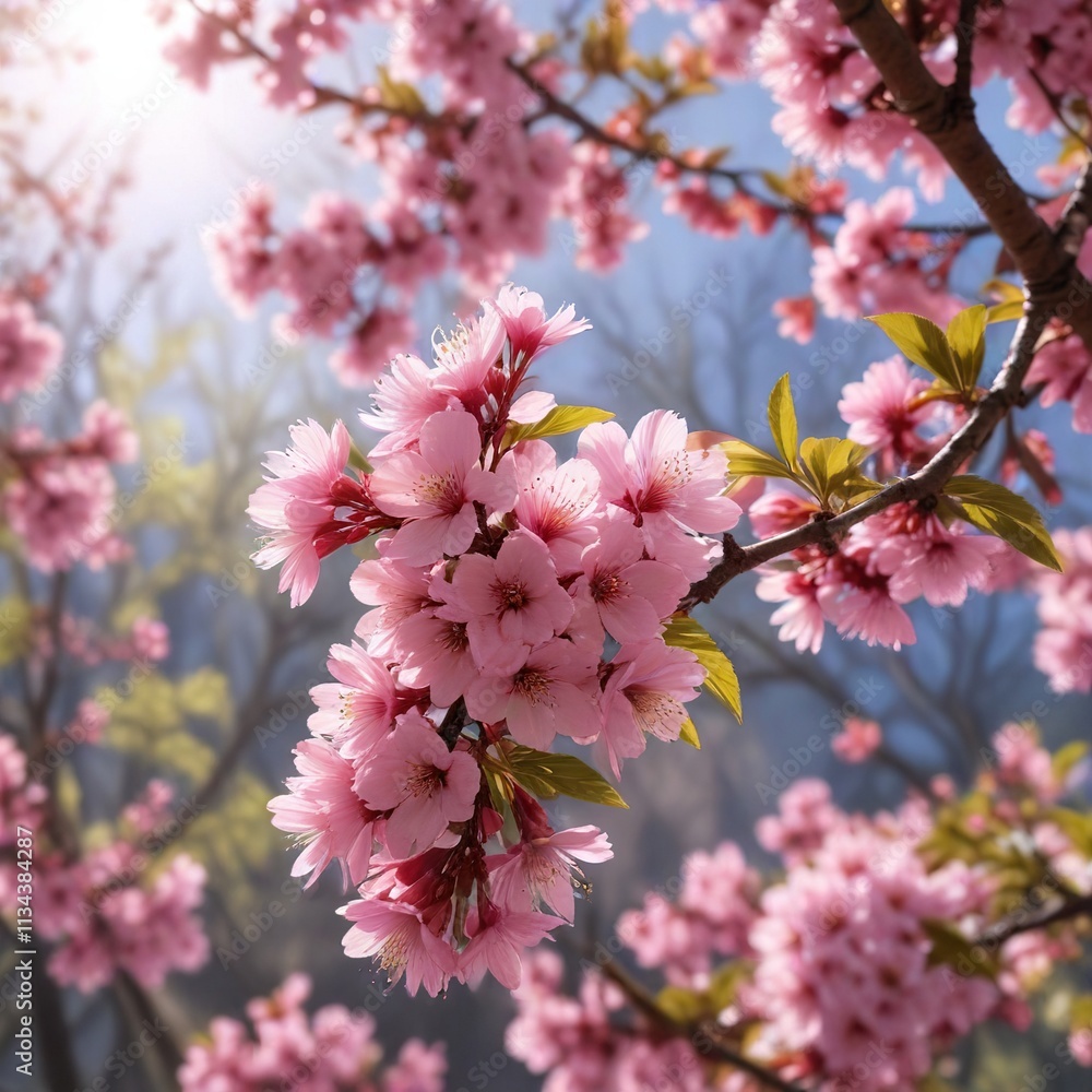 Pink Prunus triloba flowers blooming on a tree branch with sunlight filtering through, , nature, tree branch Pink Prunus triloba flowers blooming on a tree branch with sunlight filtering through, , nature, tree branch